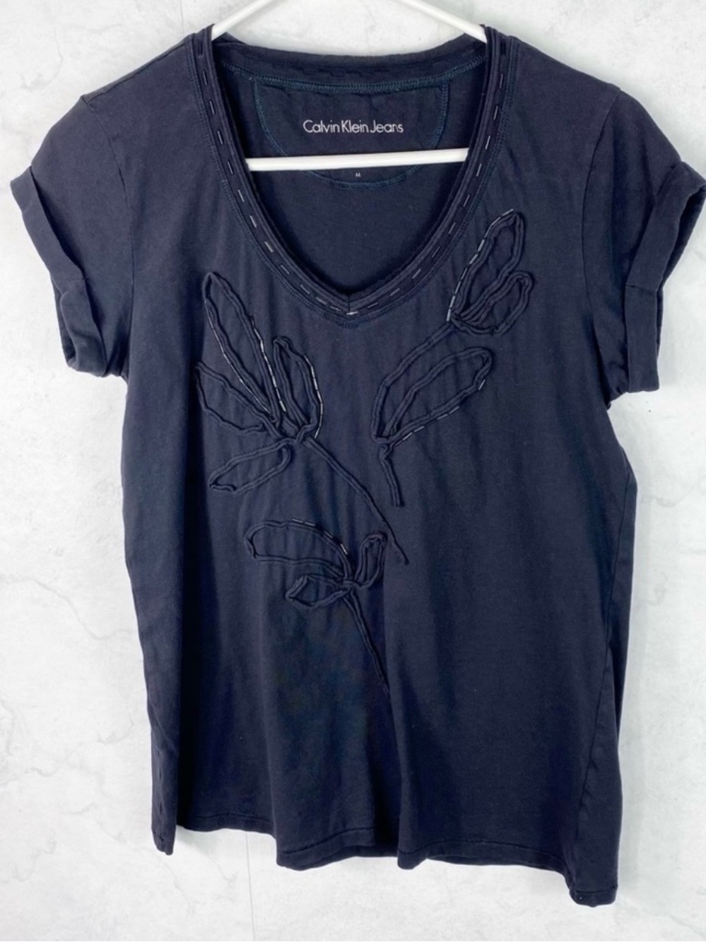 Calvin Klein Jeans Navy Short Sleeve V-Neck Tee with Appliqué